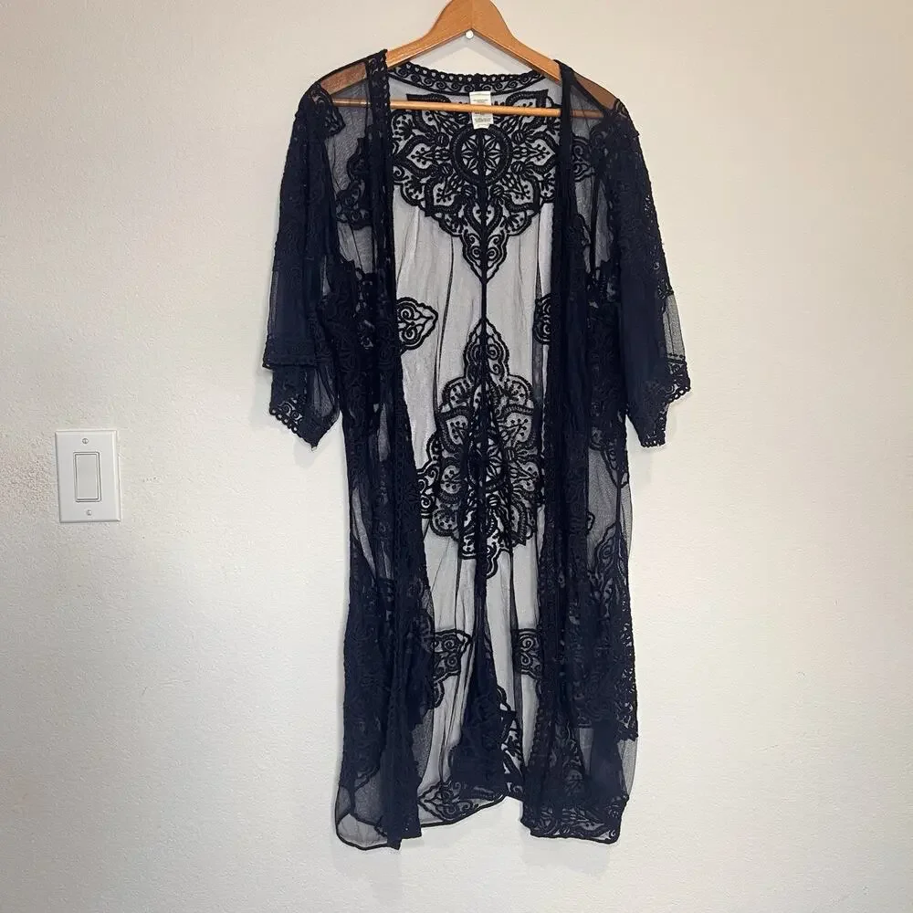 Swim Cover Ups Size L Black, Navy, Leopard Sheer Long Kimono Resortwear Lot Of 3